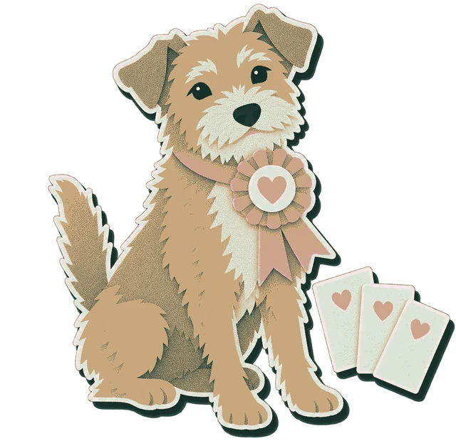 A paper cut-out terrier wearing a prize rosette, next to three thank-you cards